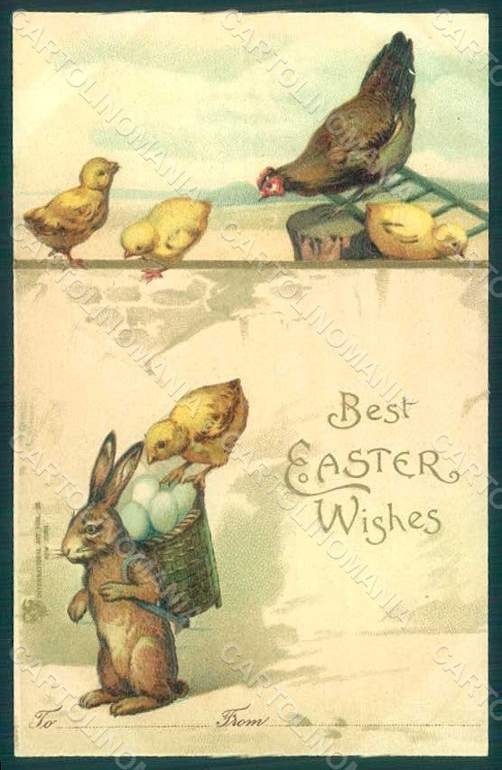 Greetings Easter Anthropomorphic Hare Chick Hen Relief postcard HR0094 – fronte