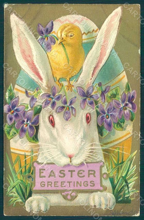 Greetings Easter Rabbit Chick Egg Violets Relief WRINKLES postcard HR0098 – fronte