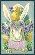 Greetings Easter Rabbit Chick Egg Violets Relief postcard HR0099 – fronte