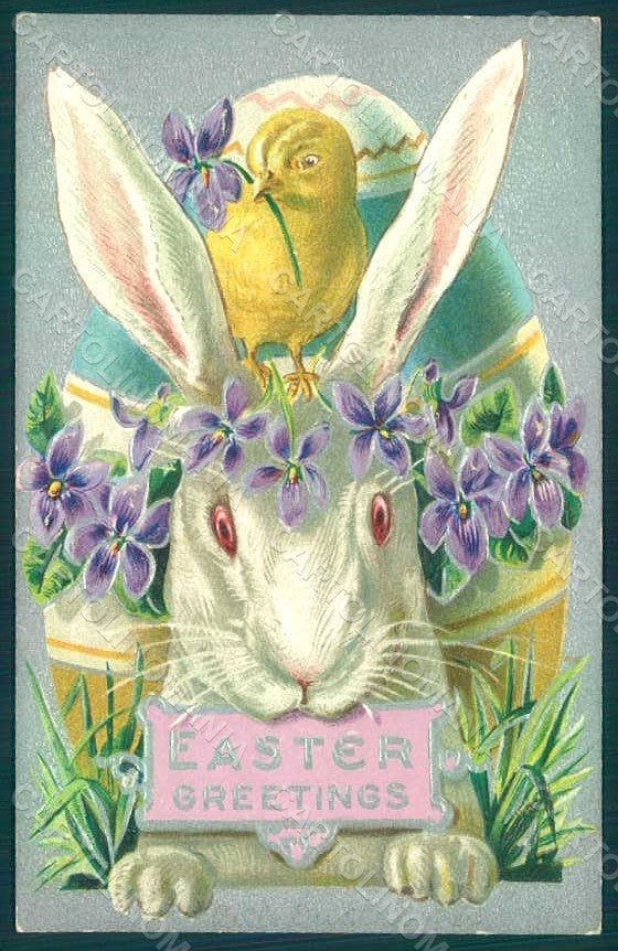 Greetings Easter Rabbit Chick Egg Violets Relief postcard HR0099 – fronte