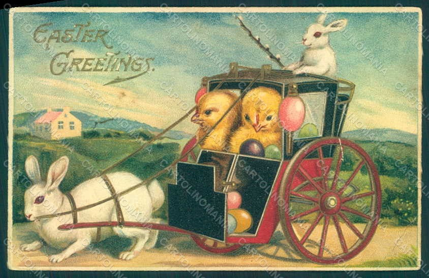 Greetings Easter Anthropomorphic Rabbit Chick Relief CORNER CREASES pc HR0102 – fronte