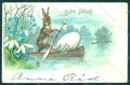 Greetings Easter Anthropomorphic Hare Egg Boat Myosotis postcard HR0103 – fronte