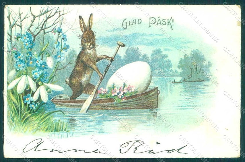 Greetings Easter Anthropomorphic Hare Egg Boat Myosotis postcard HR0103 – fronte