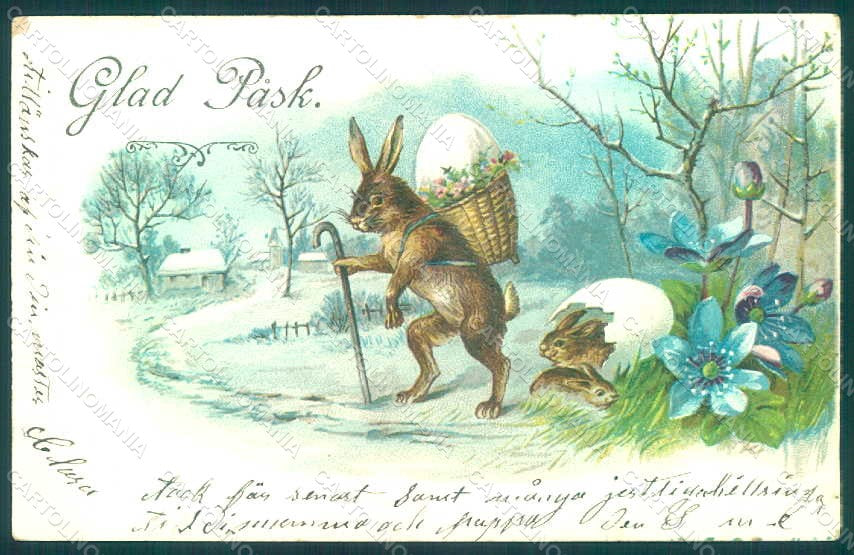 Greetings Easter Anthropomorphic Hare Rabbit Winter Landscape postcard HR0105 – fronte