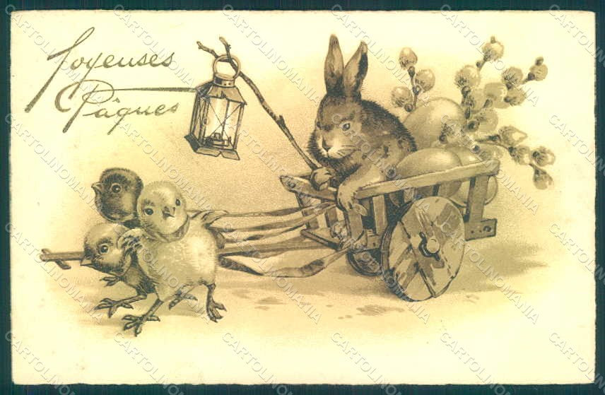 Greetings Easter Anthropomorphic Hare Rabbit Chick Egg EAS 5884 postcard HR0117 – fronte