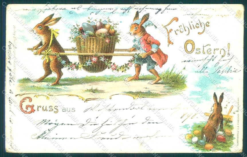 Greetings Easter Anthropomorphic Dressed Hare Egg 1898 postcard HR0119 – fronte