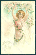 Greetings Fashion Lady Flowers Relief postcard HR0126 – fronte