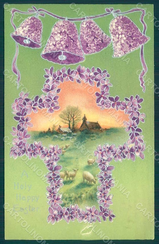 Greetings Easter Violets Cross Landscape Sheep Bell Relief postcard HR0148 – fronte