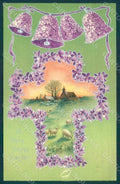 Greetings Easter Violets Cross Landscape Sheep Bell Relief postcard HR0148 – fronte