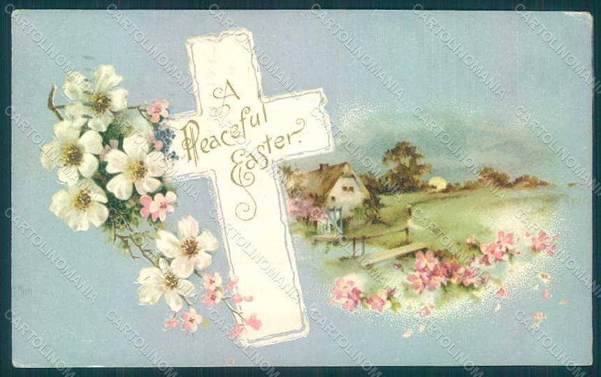 Greetings Easter Flowers Cross Relief postcard HR0149 – fronte