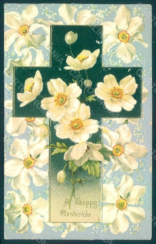 Greetings Easter Flowers Cross Relief postcard HR0150 – fronte