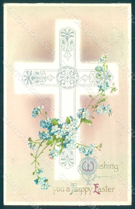 Greetings Easter Flowers Myosotis Cross Relief postcard HR0151 – fronte