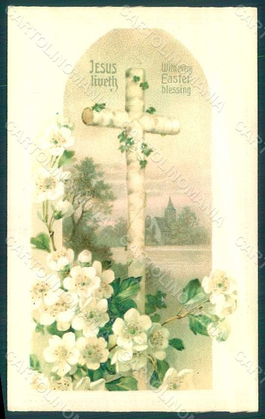 Greetings Easter Flowers Cross Relief postcard HR0155 – fronte
