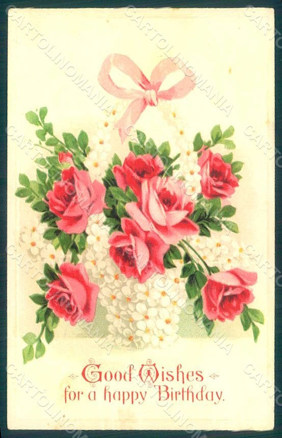 Greetings Birthday Flowers Roses serie 7097 Relief postcard HR0156 – fronte