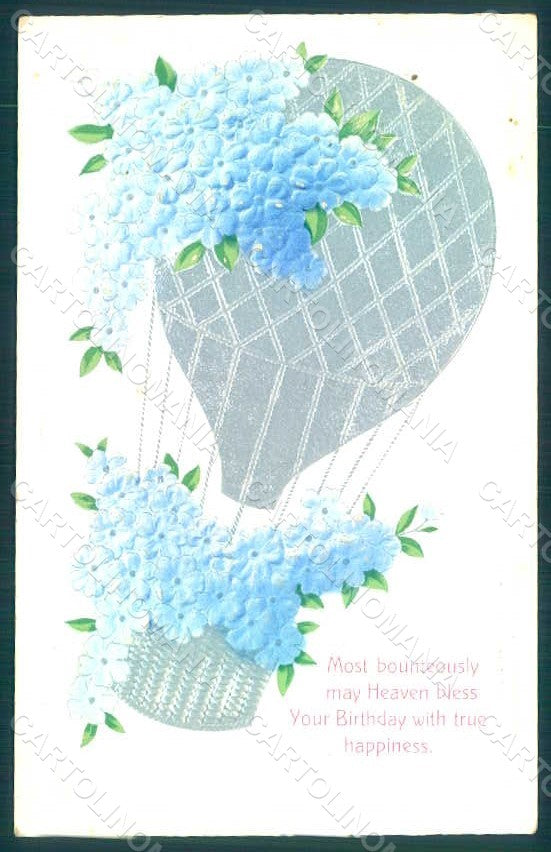 Greetings Birthday Flowers Myosotis Hot Air Balloon Relief postcard HR0158 – fronte