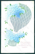 Greetings Birthday Flowers Myosotis Hot Air Balloon Relief postcard HR0158 – fronte