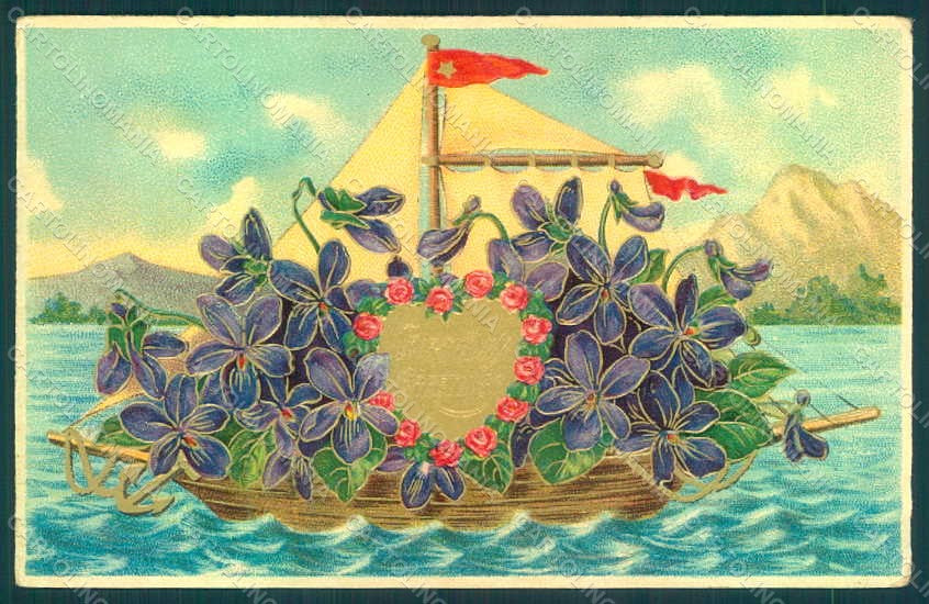 Greetings Birthday Violets Sail Boat Relief postcard HR0160 – fronte