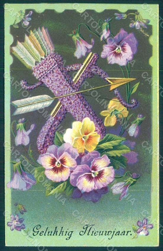 Greetings New Year Bow Arrows Flowers Violets serie 170 Relief postcard HR0163 – fronte