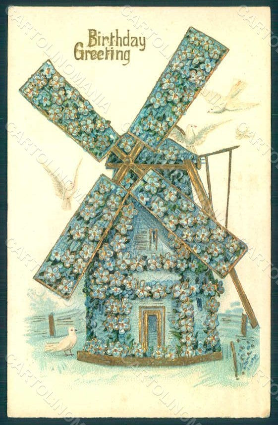 Greetings Birthday Windmill Flowers Myosotis Dove serie 181 Relief pc HR0165 – fronte