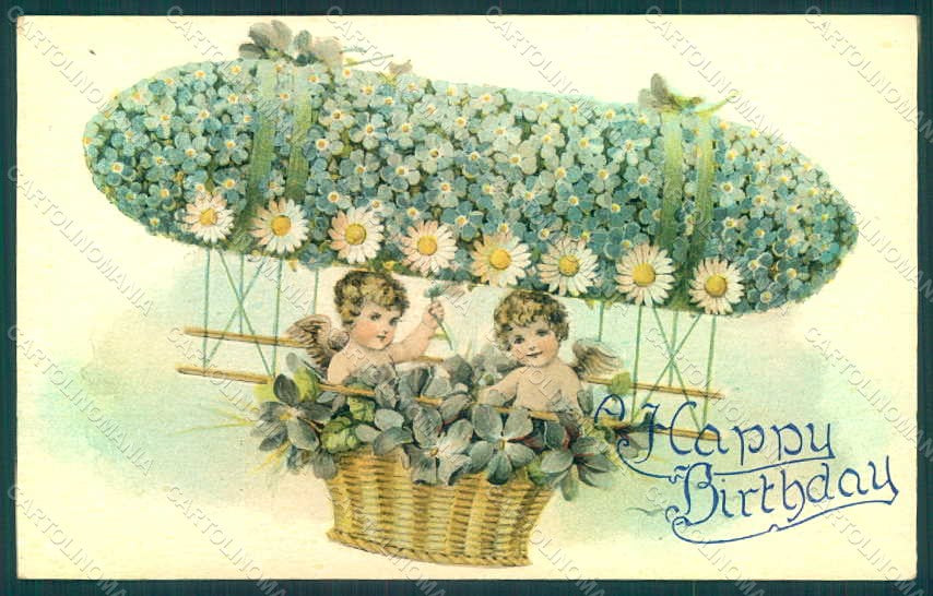Greetings Angel Flowers Myosotis Violets Hot Air Balloon postcard HR0167 – fronte