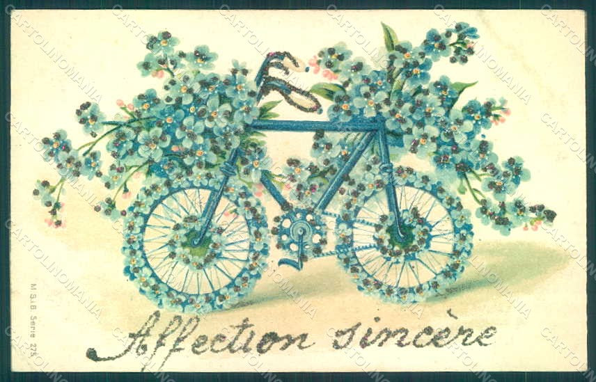 Greetings Flowers Myosotis Bicycle M.S.i.B. 275 WRINKLES Relief postcard HR0169 – fronte
