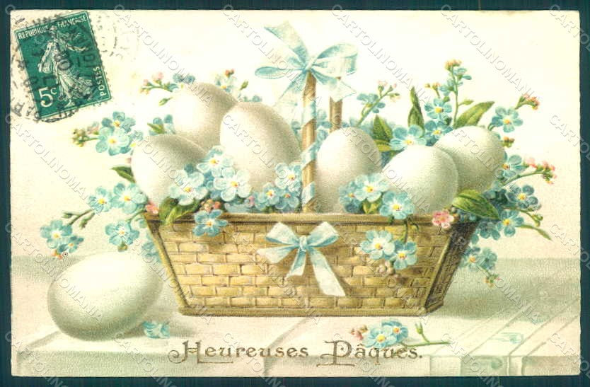 Greetings Easter Egg Flowers Myosotis Relief postcard HR0181 – fronte