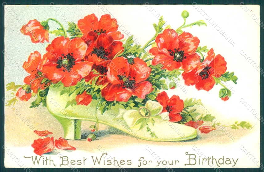 Greetings Birthday Shoe Poppies Flowers serie 106 Relief postcard HR0184 – fronte