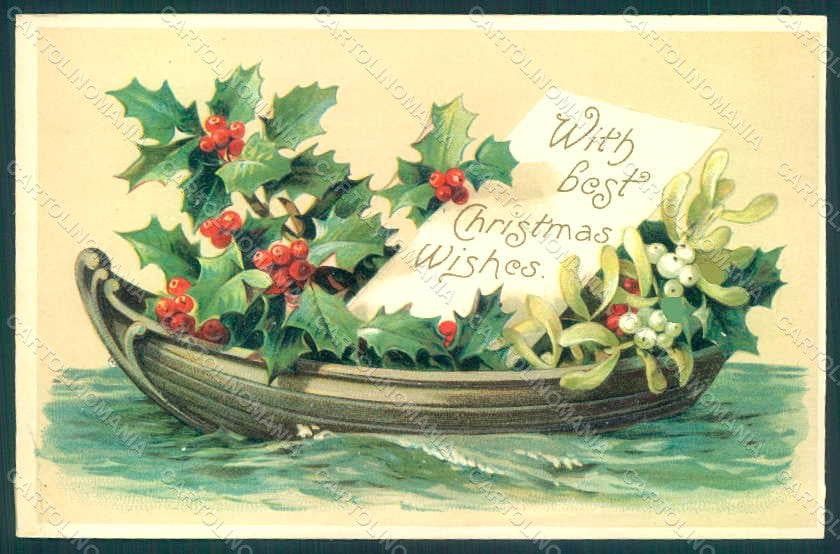 Greetings Christmas Mistletoe Holly Boat CORNER CREASED Relief postcard HR0185 – fronte