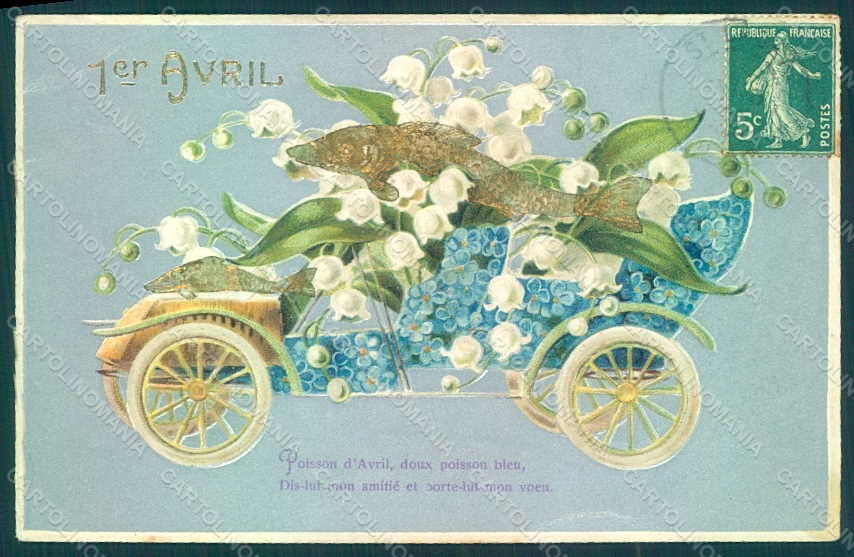 Greetings April Fool Fish Car Flowers Myosotis Lily og The Valley pc HR0186 – fronte