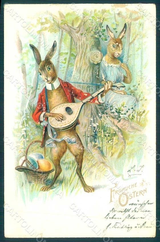 Greetings Easter Anthropomorphic Dressed Hare Egg ABRADED Relief pc HR0188 – fronte