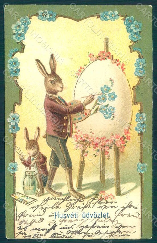 Greetings Easter Anthropomorphic Dressed Hare Egg Myosotis 325 Relief pc HR0191 – fronte