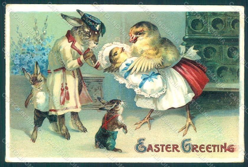 Greetings Easter Anthropomorphic Dressed Hare Chick ABRADED Relief pc HR0192 – fronte