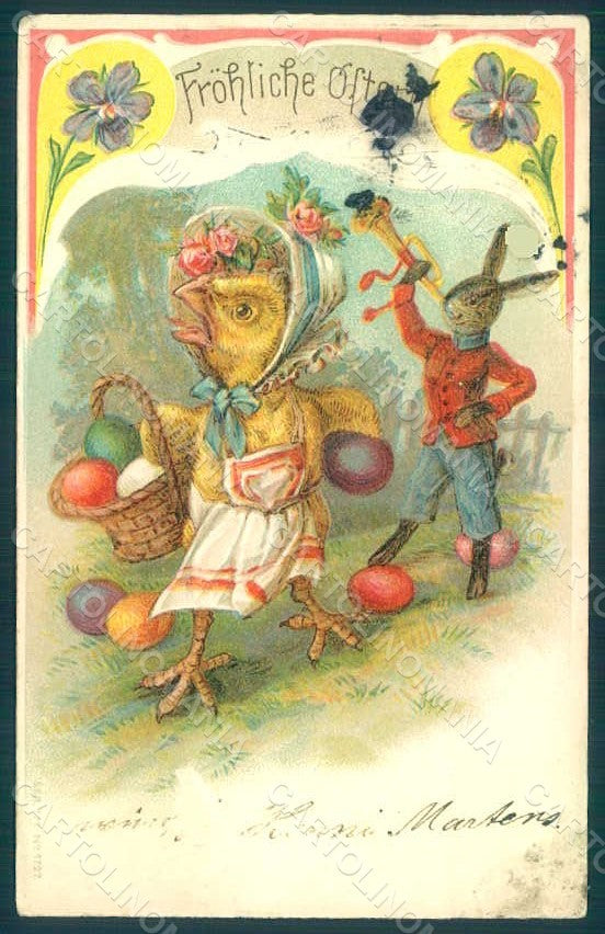 Greetings Easter Anthropomorphic Dressed Hare Chick Egg ABRADED Relief pc HR0193 – fronte