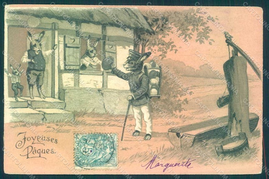 Greetings Easter Anthropomorphic Dressed Hare Egg Relief postcard HR0197 – fronte