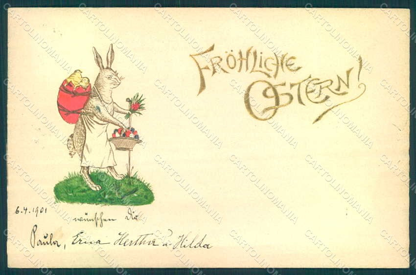 Greetings Easter Anthropomorphic Dressed Hare Chick Egg Relief pc HR0201 – fronte