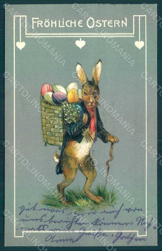 Greetings Easter Anthropomorphic Dressed Hare Egg Relief postcard HR0203 – fronte