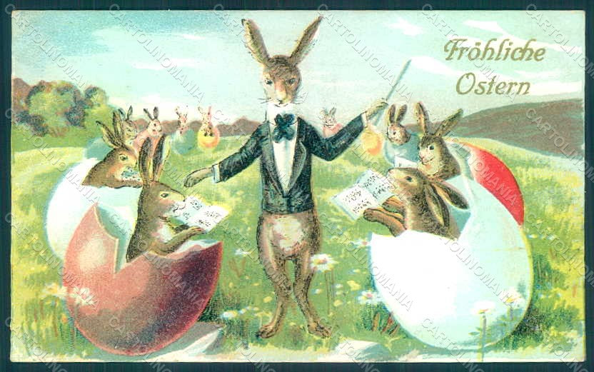 Greetings Easter Anthropomorphic Dressed Hare Egg Music s. 748 Relief pc HR0206 – fronte