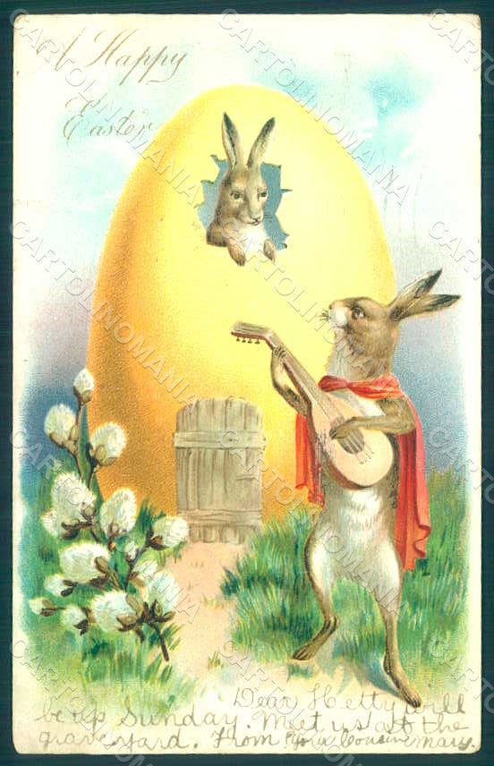 Greetings Easter Anthropomorphic Dressed Hare Egg Mandolin Relief pc HR0207 – fronte