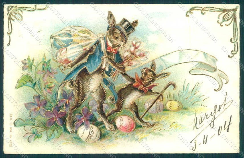 Greetings Easter Anthropomorphic Dressed Hare Egg Violets 2572 Relief pc HR0209 – fronte