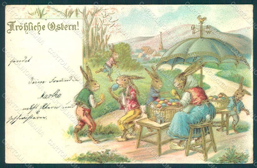 Greetings Easter Anthropomorphic Dressed Hare Egg Relief postcard HR0216 – fronte
