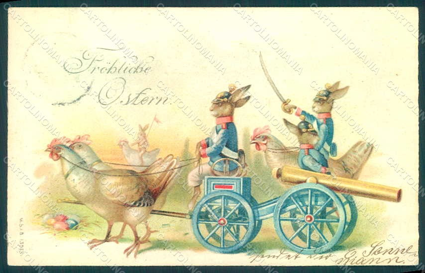 Greetings Easter Anthropomorphic Dressed Hare Hen Egg s. 13513 Relief pc HR0217 – fronte