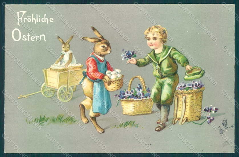 Greetings Easter Anthropomorphic Dressed Hare Child Egg Violets Relief pc HR0218 – fronte
