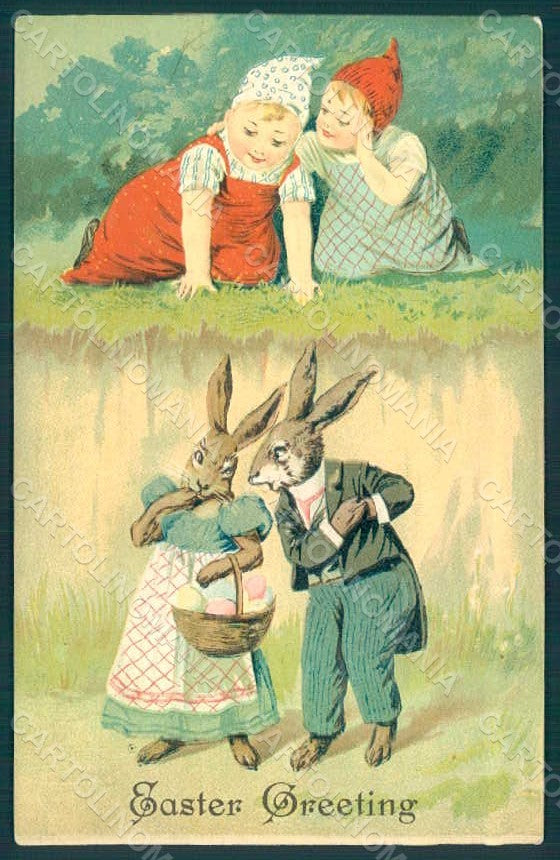 Greetings Easter Anthropomorphic Dressed Hare Children Egg 285 Relief pc HR0219 – fronte