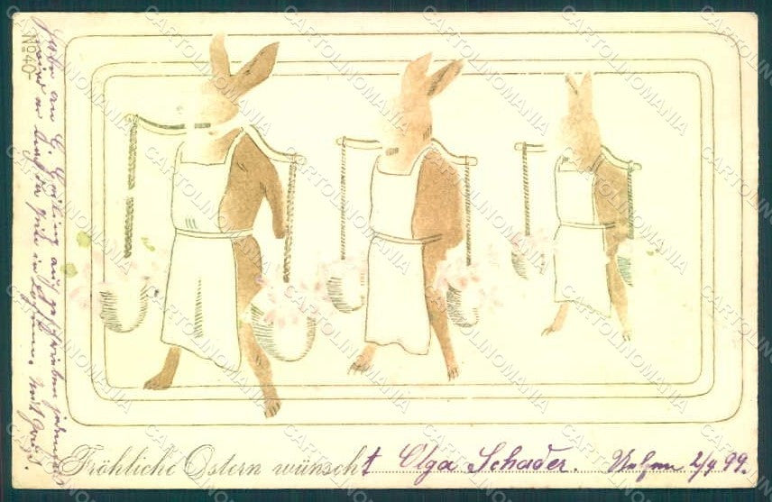 Greetings Easter Anthropomorphic Dressed Hare Egg Violets Relief pc HR0220 – fronte