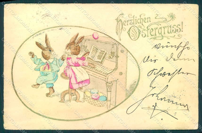 Greetings Easter Anthropomorphic Dressed Hare Egg Piano UNGLUED Relief pc HR0221 – fronte