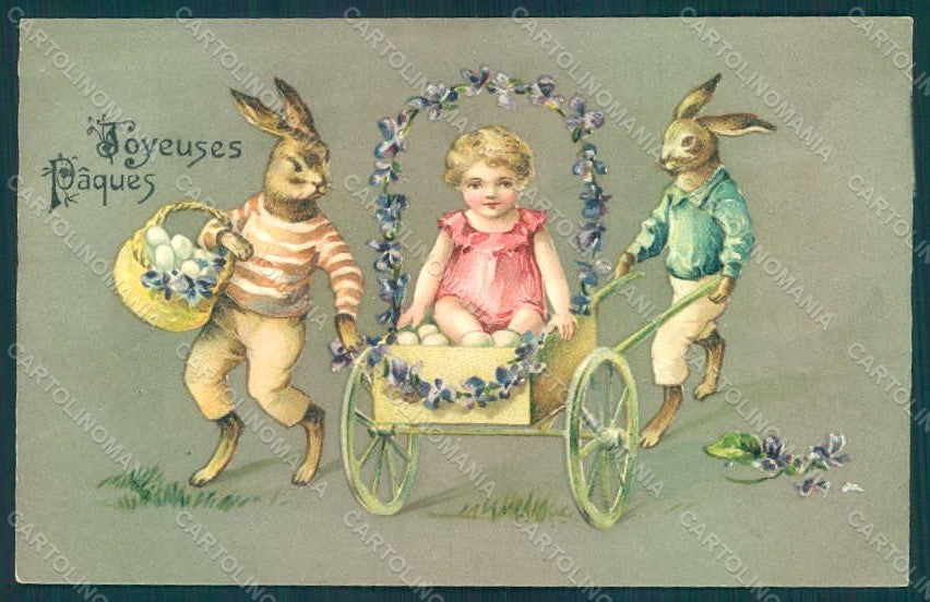 Greetings Easter Anthropomorphic Dressed Hare Child Egg Violets Relief pc HR0223 – fronte