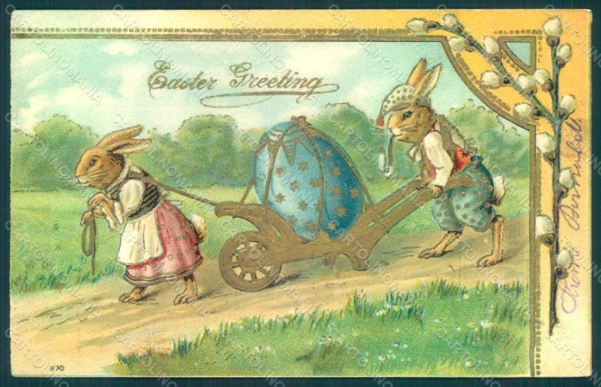 Greetings Easter Anthropomorphic Dressed Hare Egg serie 870 Relief pc HR0226 – fronte