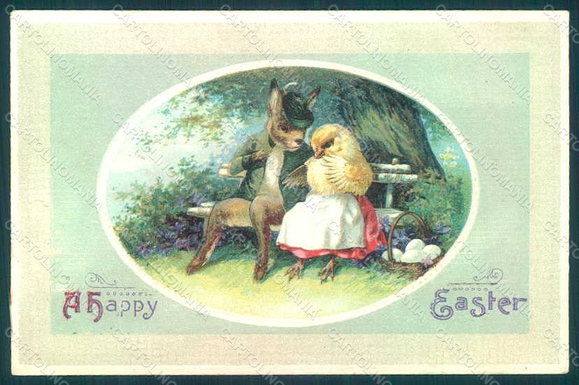 Greetings Easter Anthropomorphic Dressed Hare Chick Egg Violets Relief pc HR0228 – fronte