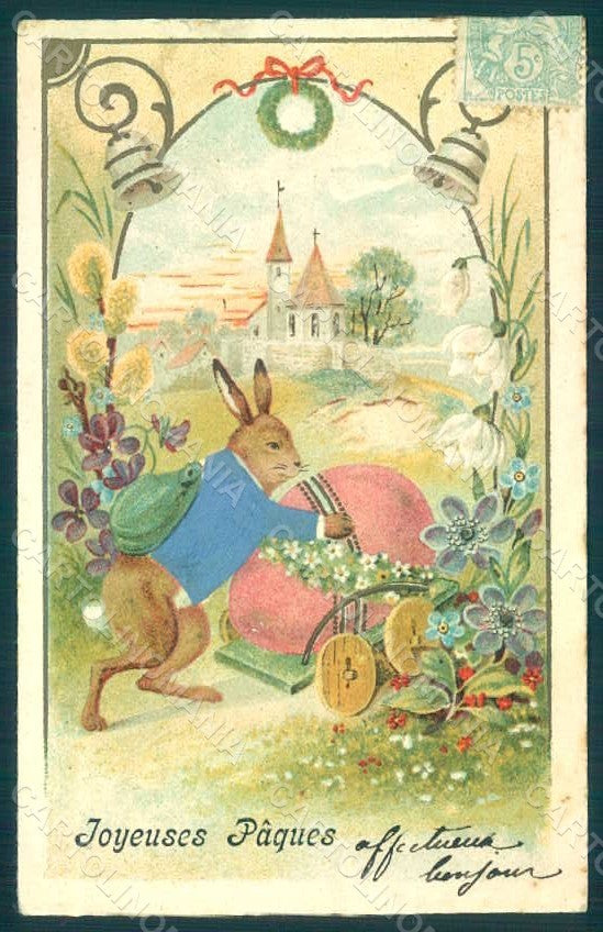 Greetings Easter Anthropomorphic Dressed Hare Egg Silk s. 274 S Relief pc HR0229 – fronte