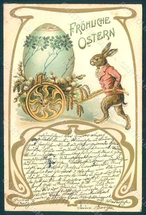Greetings Easter Anthropomorphic Dressed Hare Egg CORNER CREASE Relief pc HR0238 – fronte